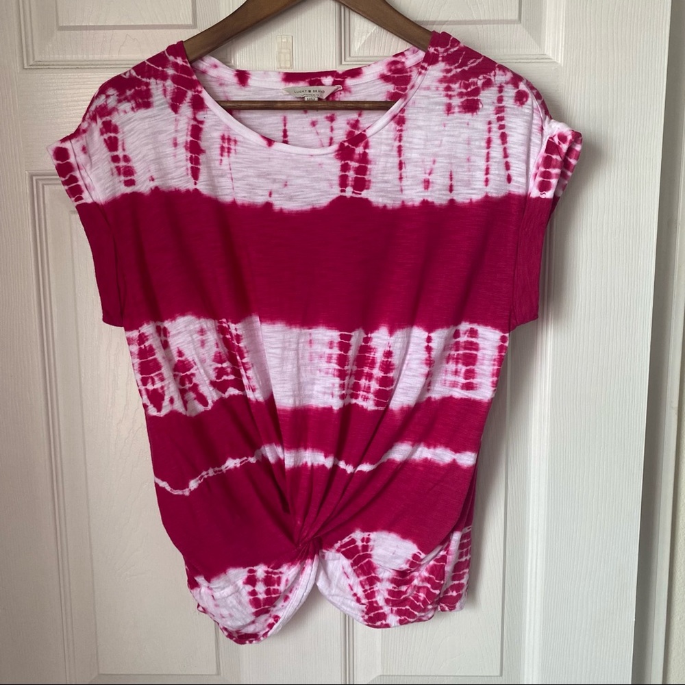 Lucky Brand tie dyed faux knot front t womens size medium pink short sleeve